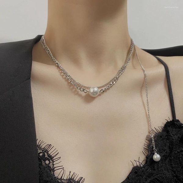 Collares colgantes VSnow moda doble capa perla collar asimétrico para mujeres femme delicada cadena gruesa joyería de color plata