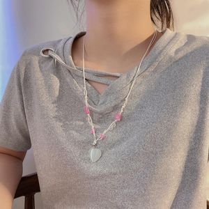 Hanger kettingen vsnow Koreaanse witte roze liefde hart ketting voor vrouwen onregelmatige steen kralen verstelbare lederen koord sieraden