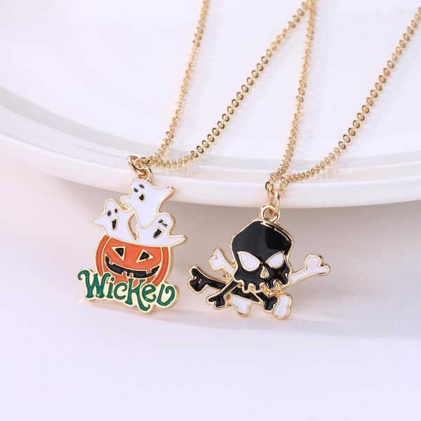 Collares pendientes WANGAIYAO moda personalidad dibujos animados calabaza cráneo collar aleación gota aceite doble cadena Halloween clavícula Ne