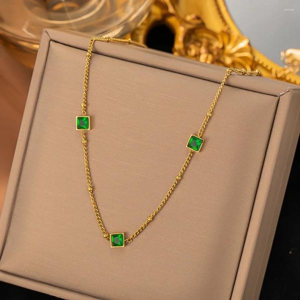 Colliers pendents Proof Proof en acier inoxydable Collier Set Collier Gold plaqué émeraude vert zircon avec chaîne Femmes Gift Birthday