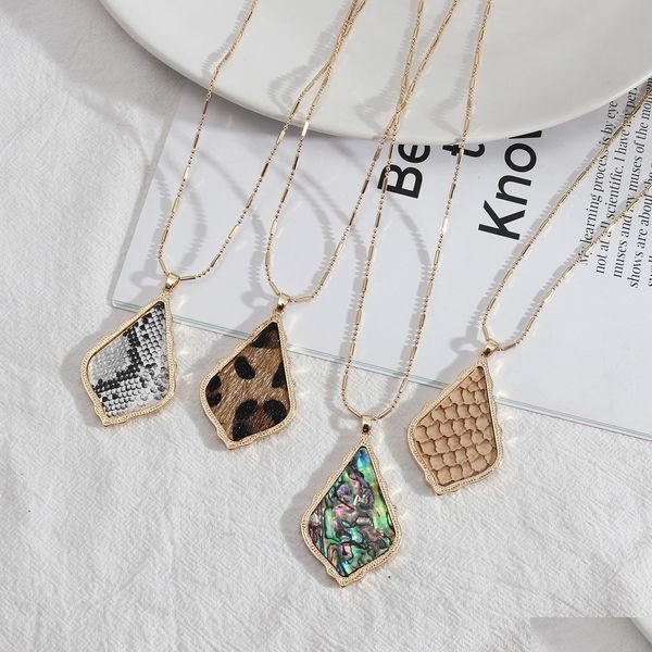 Collares pendientes Marco de gota de agua Inspirado Concha de abulón Papper Cuero de leopardo Piel de serpiente Cadena larga Suéter Collar Geométrico Wome Dhui9