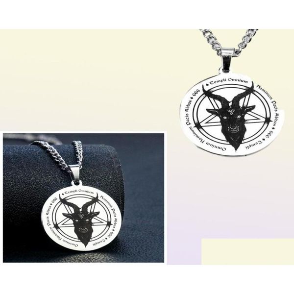 Collares colgantes Weatern Acero inoxidable Lucifer Satan Collar 666 Demonio Pentagrama redondo Solomon Skl Cabeza de cabra Joyería unisex Gota DH7ES