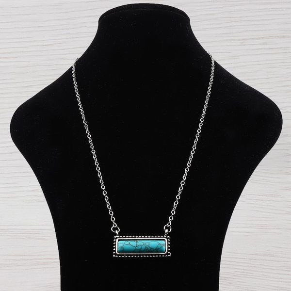 Pendentif Colliers Western Bohème Cowgirl Turquoise Rectangle Bar Collier Longueur Réglable Long Bijoux Ras Du Cou Lien Chaîne Lagenlook 20