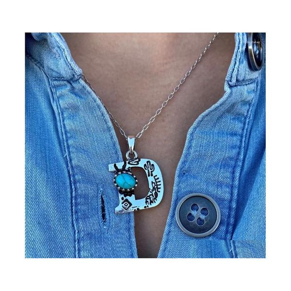 Pendentif Colliers Western Initial Charm Collier Aztèque Imprimer Tiny Turquoise Rodeo Lettre Cowgirl Accessoires Anniversaire G Drop Deliver Dh49J