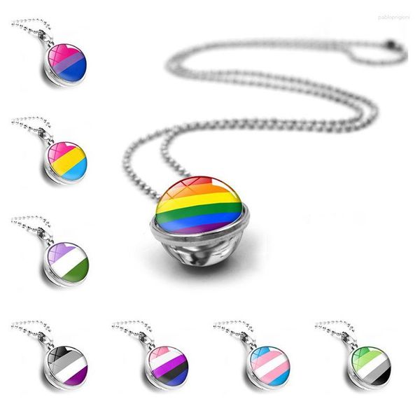 Pendentif Colliers WG 1pc Gay Pride Rainbow Time Gemstone Double Face Collier de boule de verre en métal cabochon pull chaîne bijoux