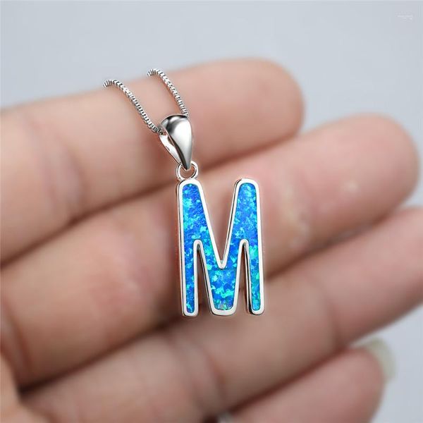 Pendentif Colliers Blanc Bleu Opal Pierre Collier De Mariage Dainty Femelle Lettre M Rose Or Argent Couleur Chaîne Pour Les Femmes