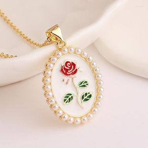 Pendentif Colliers Blanc Émail Rose Fleur Collier Pour Femmes Plaqué Or 18K Mrico Zircon Lune Fête Des Mères Jewerly Cadeau Collier