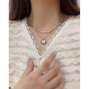 Pendentif colliers blanc en forme de coeur incrusté tour de cou chaîne dorée perles empilées pour femmes filles 2023 tendance fête cadeau