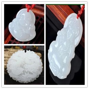 Pendentif Colliers Blanc-Jade Statue de Guanyin Afghanistan Jade Maitreya Bouddha Dragon et Phoenix Blanc W