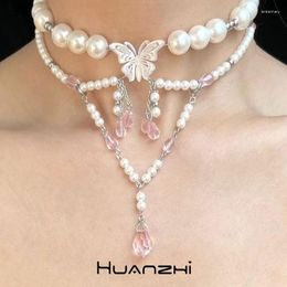 Collares colgantes Pearl Pearl Multi -Layer Cadena de cuentas de resina rosa Choker de mariposa para mujeres Harajuku Y2K Neck Huanzhi 2023