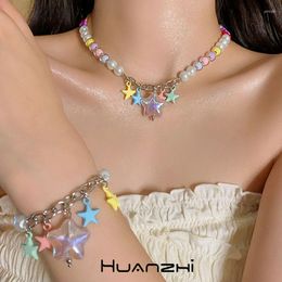 Pendentif Colliers Blanc Perle Étoile Coloré Acrylique Perle Pentagramme Y2k Collier Pour Femmes Fille Été Harajuku Cou Chaîne Huanzhi 2023