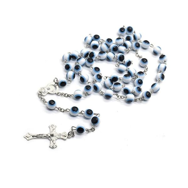 Pendentif Colliers Blanc Plastique Yeux Perles Rosaire Collier Jésus Croix Religieux Catholique LongPendant