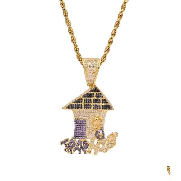 Collares colgantes Who Trap House Cz Bling Purple Iced Out Micro Collar pavimentado para hombres Hiphop Jewelry8638904 Joyería de entrega de gota PE DH1WX