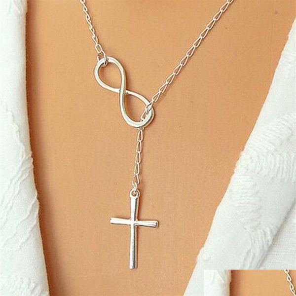 Pendentif Colliers Whole-N606 Personnalité Infinity Cross Lariat Sier Plaqué Européen Collares Collier Foi Collier240T Drop Delive Dhtpz