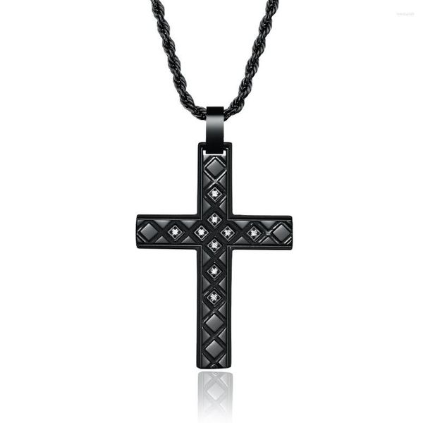 Pendentif Colliers Grossiste Usine Bijoux En Acier Inoxydable CNC Pave Zircon Rhombus Croix Noire Collier Pour Hommes 38 26mm