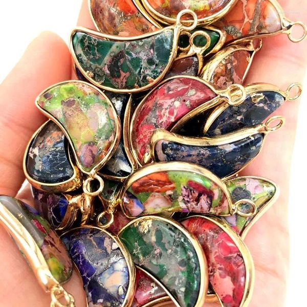 Pendentif Colliers En Gros 10x20mm Naturel Multicolore Empereur Pierre Géométrique Charme Lune DIY Bijoux Faisant Couple Collier Accessoires