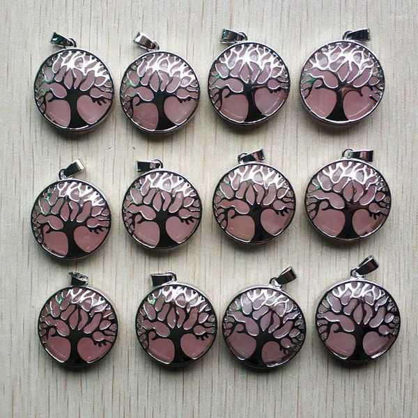 Pendentif colliers en gros 12 pcs/lot mode rose pierre naturelle alliage arbre de vie pendentifs pour bijoux accessoires marquage