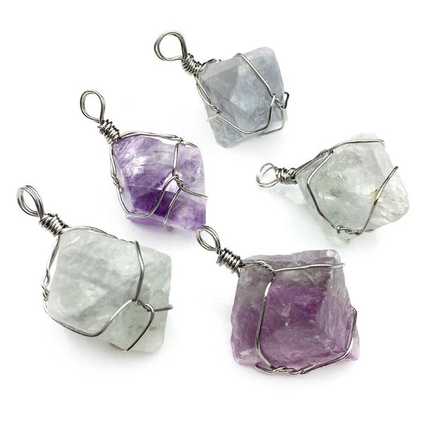 Collares pendientes Venta al por mayor 12 Unids / lote Cristales de Chakra Irregulares Naturales Púrpura Azul Verde Fluorita Corte Cara Para Mujeres Alambre Envuelto Curación P