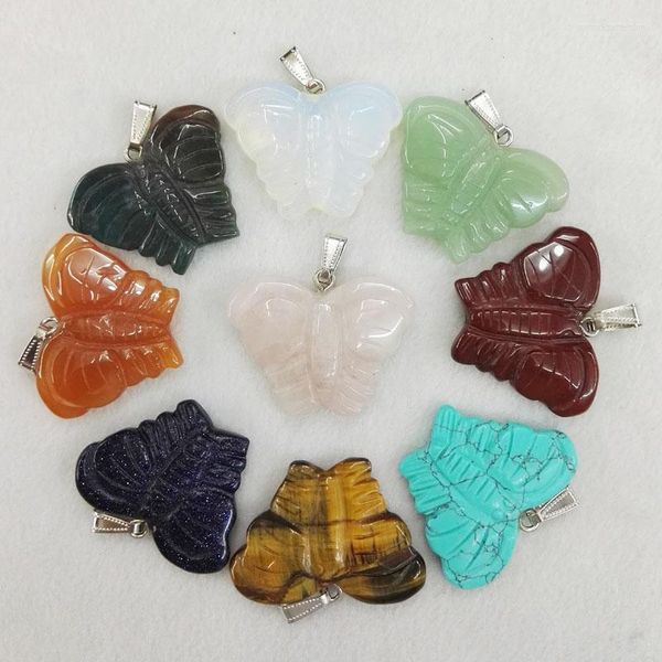 Pendentif Colliers En Gros 12 pcs/lot Naturel Mixte Sculpture Pierre Pendules De Mode Vente Charme Papillon Pendentifs Fit Collier Bijoux