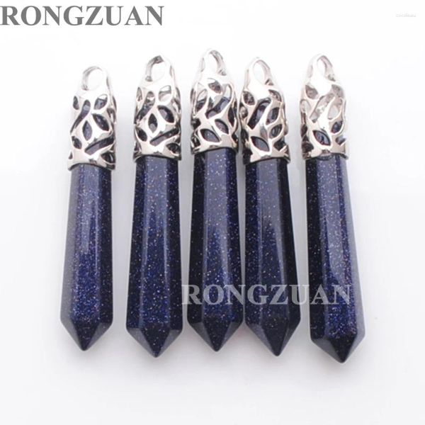 Colliers de pendentif en gros 5pcs Stone Natural Stone Blue Sand Pendants Reiki Chakra Point de guérison Hexagonal Pillar TN3019