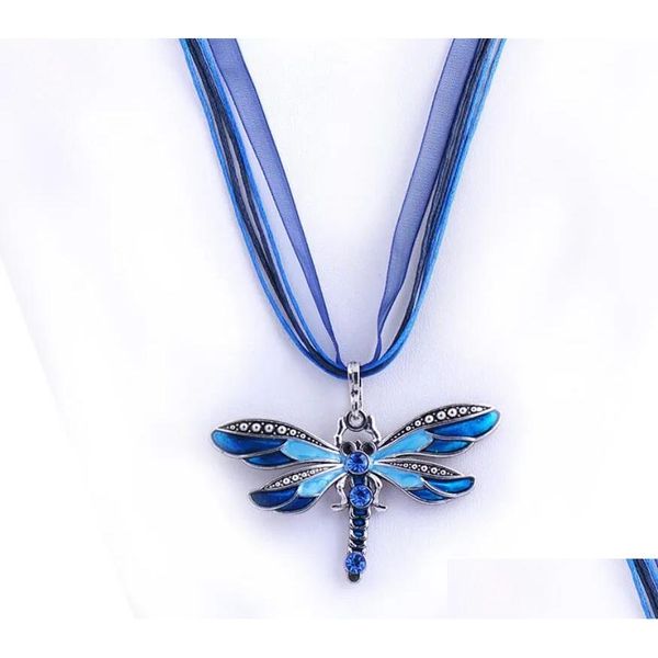 Colliers pendants en gros 6 couleurs vintage émail libellule en cristal organza collier de mode de mode de mode de navire de navire