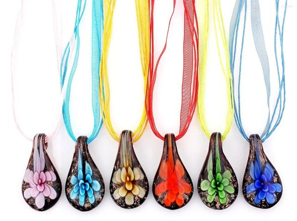 Collares colgantes al por mayor 6 unids colorido Murano Lampwork Glass Drop Flower Charm para joyería de mujer