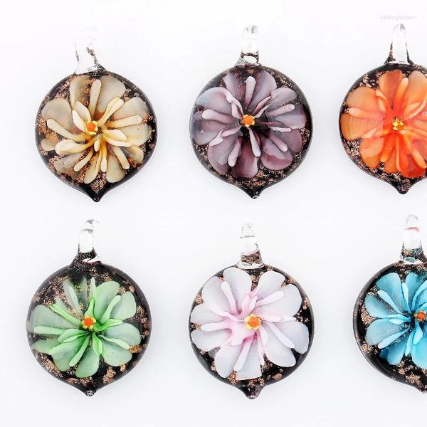 Pendentif Colliers En Gros 6pcs À La Main Murano Lampwork Verre Mélange Couleur Fleur Goutte Fit Collier