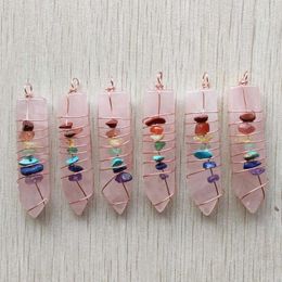 Hanger kettingen groothandel 6 stks/lot mode natuurlijke kwarts stenen roze pijlvorm 7 chakra's hangers voor sieraden markering