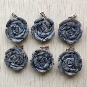 Pendentif Colliers En Gros 6 pcs/lot Mode Naturel Balck Labradorite Pierre Sculpté Rose Fleur Pendentifs Charmes Pour La Fabrication De Bijoux