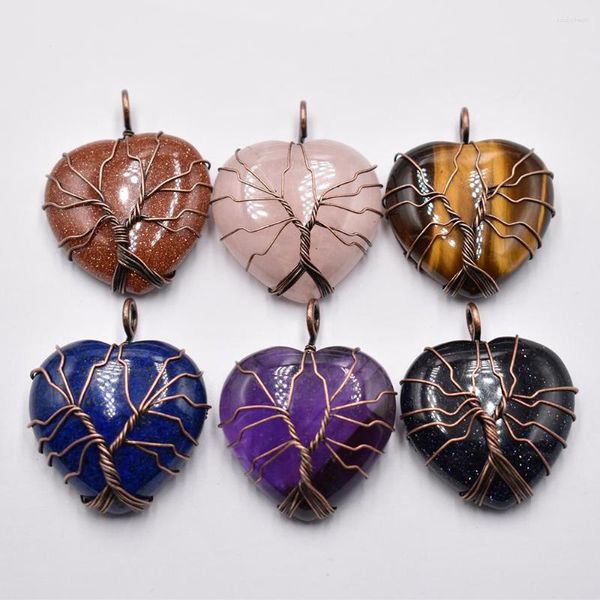 Pendentif Colliers En Gros 6pcs / lot Mode À La Main Antique Fil De Cuivre Wrap Arbre De Vie Coeur Forme Pierre Naturelle Améthyste Pendentifs