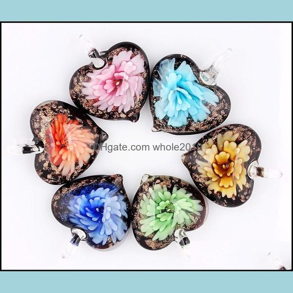 Pendentif Colliers En Gros 6 Pcs Pendentifs À La Main Murano Murano Verre Mélange Couleur Fleur Coeur Or Poussière Pour Collier Bijoux Drop D Dhsfu