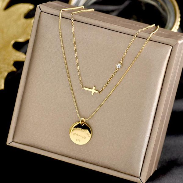 Pendentif Colliers En Gros En Vrac En Acier Inoxydable Double Rond Coin Collier Pour Femmes Croix Clavicule Chaîne Jewlery