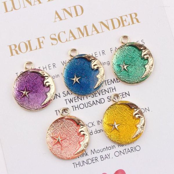 Pendentif Colliers En Gros Mode Glitter Émail Alliage Charmes 50PCs 22 27MM Couleur Or Plaqué Rond Lune Étoile Bracelet En Métal Charme Artisanat