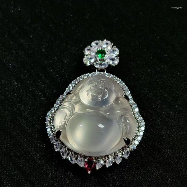 Collares colgantes Venta al por mayor Alto 925 Plateado con incrustaciones de calcedonia blanca Buda Ágata Maitreya Jade Regalo