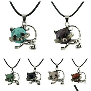 Hanger Kettingen Groothandel Natuurlijk Kristal Rozenkwarts Genezing Edelsteen Charm Legering Kat Vrouwen Ketting Sieraden Drop Levering Hangers Dhqi2