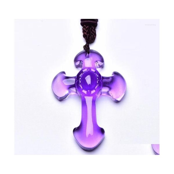 Pendentif Colliers En Gros Cristal Naturel Violet Sculpté À La Main Croix Fine Sculpture Mascotte Amet Chanceux Corde Chaîne Collier Drop Livrer Dhuty