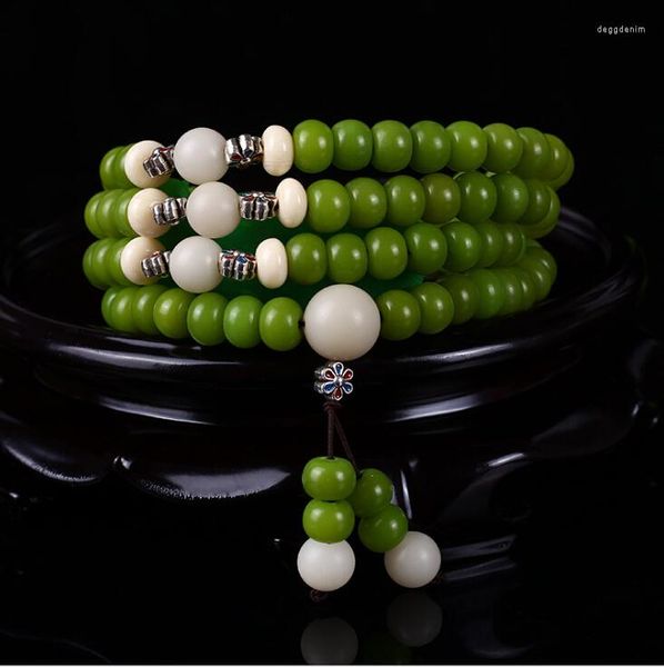 Collares pendientes Venta al por mayor Natural Green Bodhi Root Multi Circle Bead 108 Mala Tibetan Silver Charm Pulsera Suéter Cadena Collar de mujer