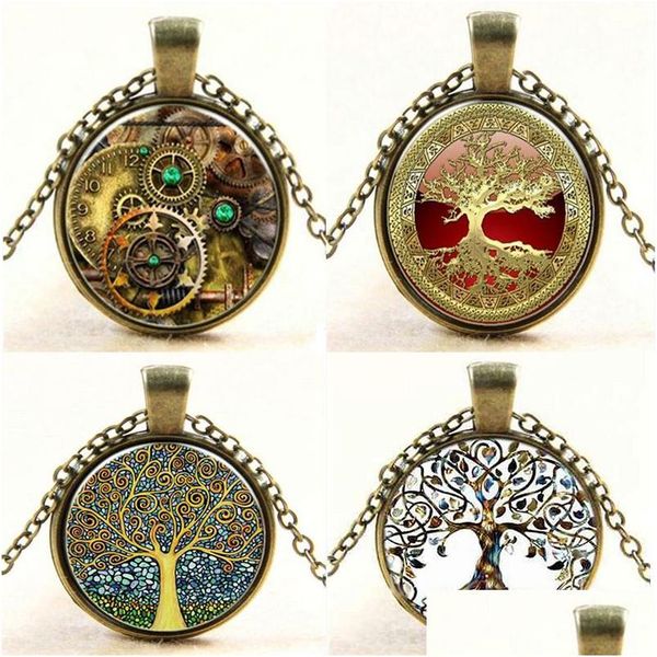 Collares pendientes Wholesalesteampunk Vintage Tree Of Life Cabochon Bronce Cadena de cristal Collar llamativo Mujeres Bijoux Femme Joyería Dhcgt