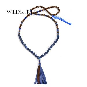 Hanger kettingen Wildfree Natural Handmade Long Tassel Strand Pendants Women Wood Beads Lapis Stone Blue Necklace Sieraden