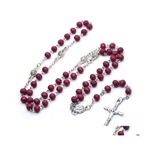 Colliers pendants Vins Rouge Perles Cross Rosaire Collier catholique Long Strand Bijoux religieux Drop Livraison Colliers Pendants Dhngq
