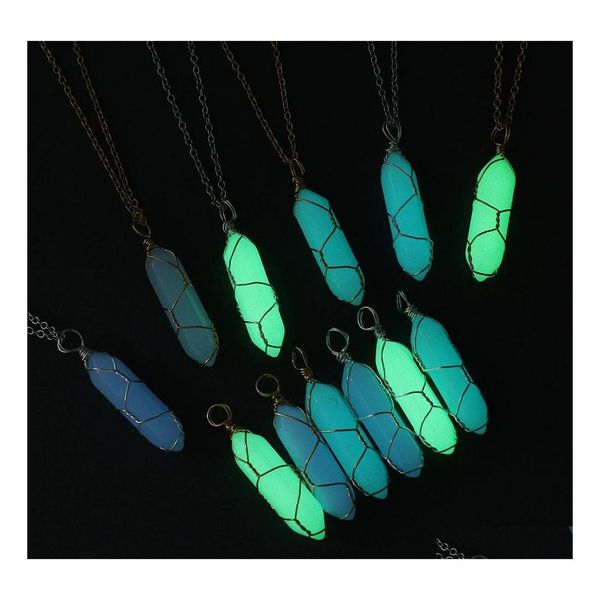 Colliers pendants Collier enveloppant Collier de pierre naturelle lumineuse Colonne hexagonale fluorescente rouge