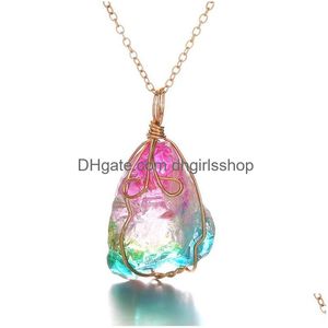 Hanger Kettingen Draad Gewikkelde Hanger Kettingen Voor Vrouwen Colorf Regenboog Natuurlijke Kristal Chakra Reiki Healing Stone Chain Ketting Ir Dhfvb