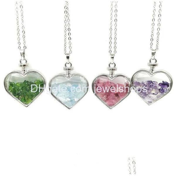 Anhänger Halsketten Wunschflasche Herz Stein Natürlicher Kristall Mineral Ornament Kies Anhänger mit Messingkette Valentinstag Geschenk für Gilrs DHCE6