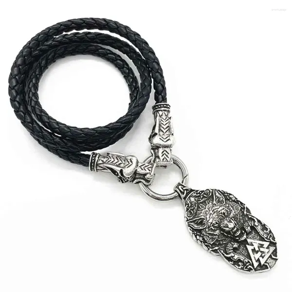 Collares colgantes Lobo Protégeme Símbolo vikingo Cabezas Punk Cadena de cuero para hombre Talismán Amuleto Joyería pagana