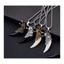 Colliers de pendentif Wolf Tooth Men Collier Fashion Resin Resin Alloy Head with Leather Corde Bijoux 42C3 DROP DIVRIR
