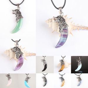 Pendentif Colliers Wolf Dent Forme Pierre Naturelle Quartz Opale Aventurine Obsidienne Fluorite Pour Hommes Bijoux 1PCS