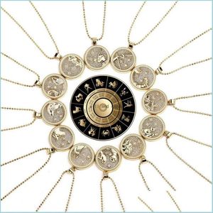 Collares pendientes Mujeres 12 Collar de signo del zodiaco Moneda Cadena de oro Aries Tauro Escorpio Colgantes Charm Star Gargantilla Collares de astrología DH86X