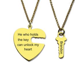 Collares pendientes Joyería de color dorado para mujer Collar personalizado Corazón y cerradura de llave Cadena de suspensiones Kolye Colgantes emparejados para amantes
