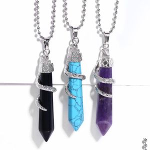 Colliers pendants Femmes Collier hexagone mode Naturel gemme Stone Crystal Amethyst Blue Turquoise Malachite Green aventurine Snake WR Dhdth