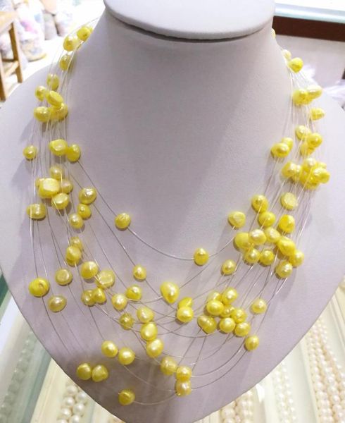 Collares pendientes Joyería de mujer Collar de 15 filas Perla amarilla Barroca Agua dulce natural 45 cm 18 ''